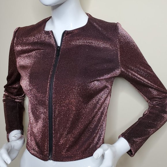 T Tahari Women's Bronze Shine Metallic Full Zip Cropped Jacket SZ XS - Picture 6 of 9